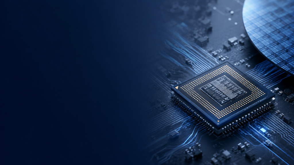 グローバルX 半導体ETF（2243）の解説記事用に、半導体チップと電子回路を描いたアイキャッチ画像